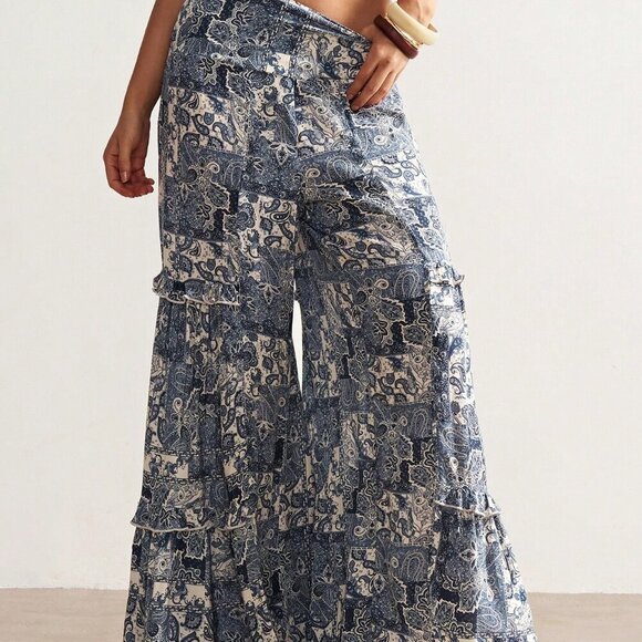 Blue Boho Women's Paisley Print Ruffled Wide Leg Pants - Picture 4 of 7